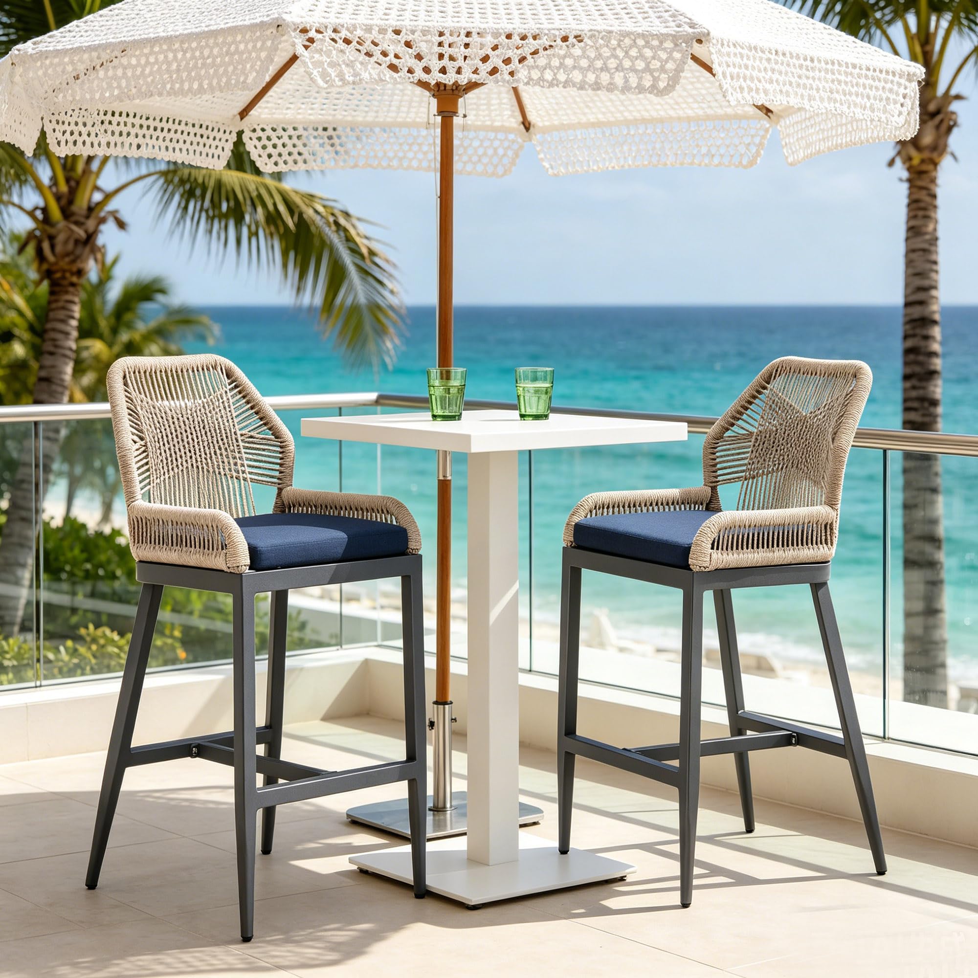 PURPLE LEAF Patio Sunbrella Counter Height Bar Stools 24" H Set of 2 Modern Rattan Bar Chairs Aluminum Stool Outdoor Wicker Barstools with Back and Cushion for Garden Kitchen Island