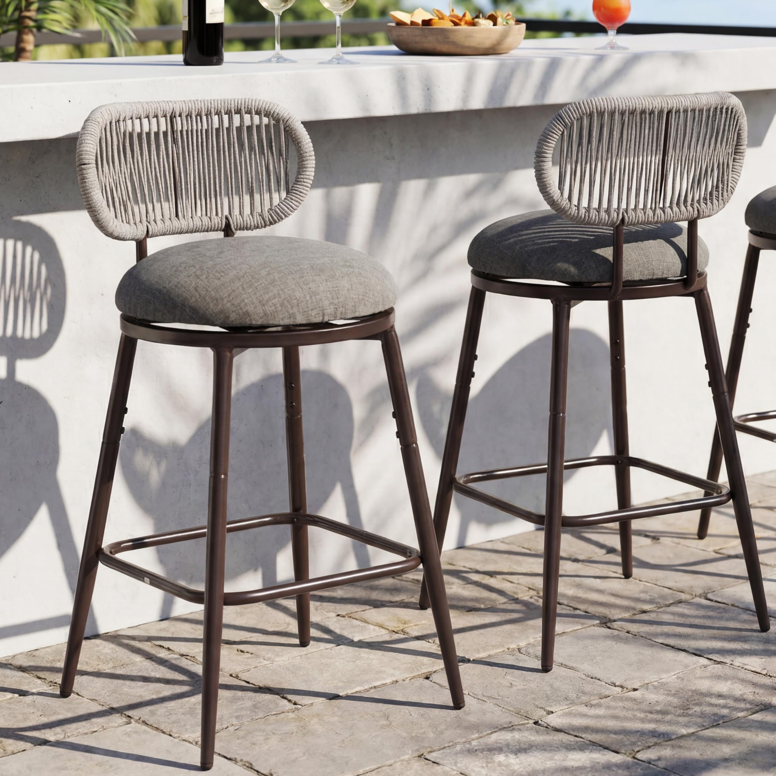 Outdoor Swivel Counter Bar Stools Set of 2, 360° Rope Counter Stools with Upholstered Seat, Metal Bar Chairs for Kitchen Island, Patio, Farmhouse, Boho, Beige