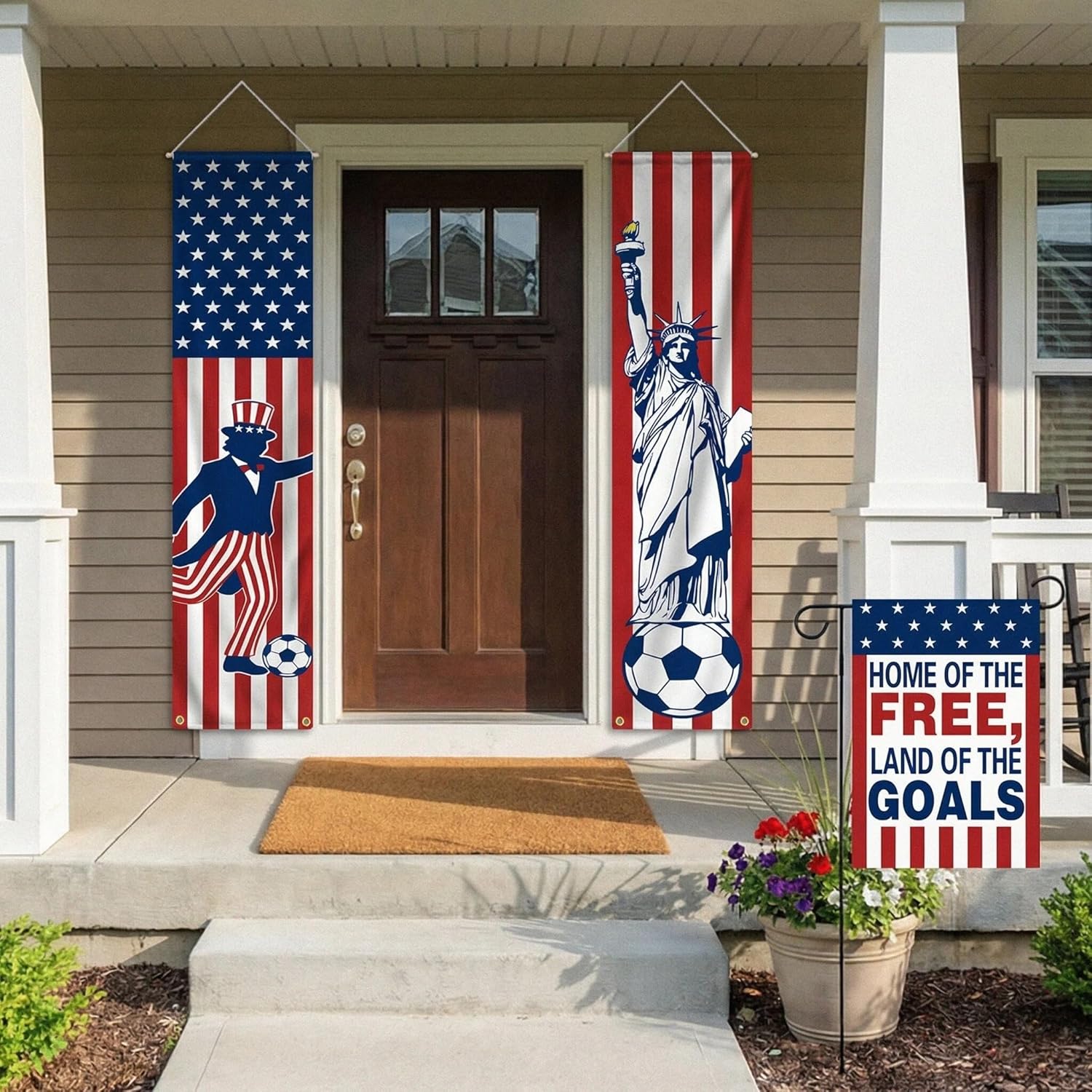 4th of July Decor Soccer Theme World Soccer Flag Porch Banners & Patriotic Garden Flags Set - Uncle Sam & Liberty American Flag Decor, Patriotic Decorations for Independence Day Outdoor Yard Sign (3 Pack)