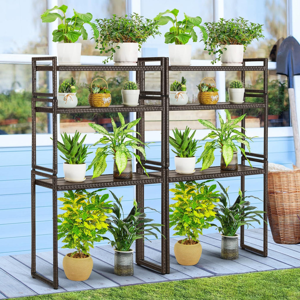 Outdoor Plant Stand 3 Tier Shelf for Patio Flower Pot Planter Stand Holder with Wicker Poly Lumber Shelves Multiple Tall Tiered Plant Display Rack with Adjustable Feet Heavy Duty Stackable Brown