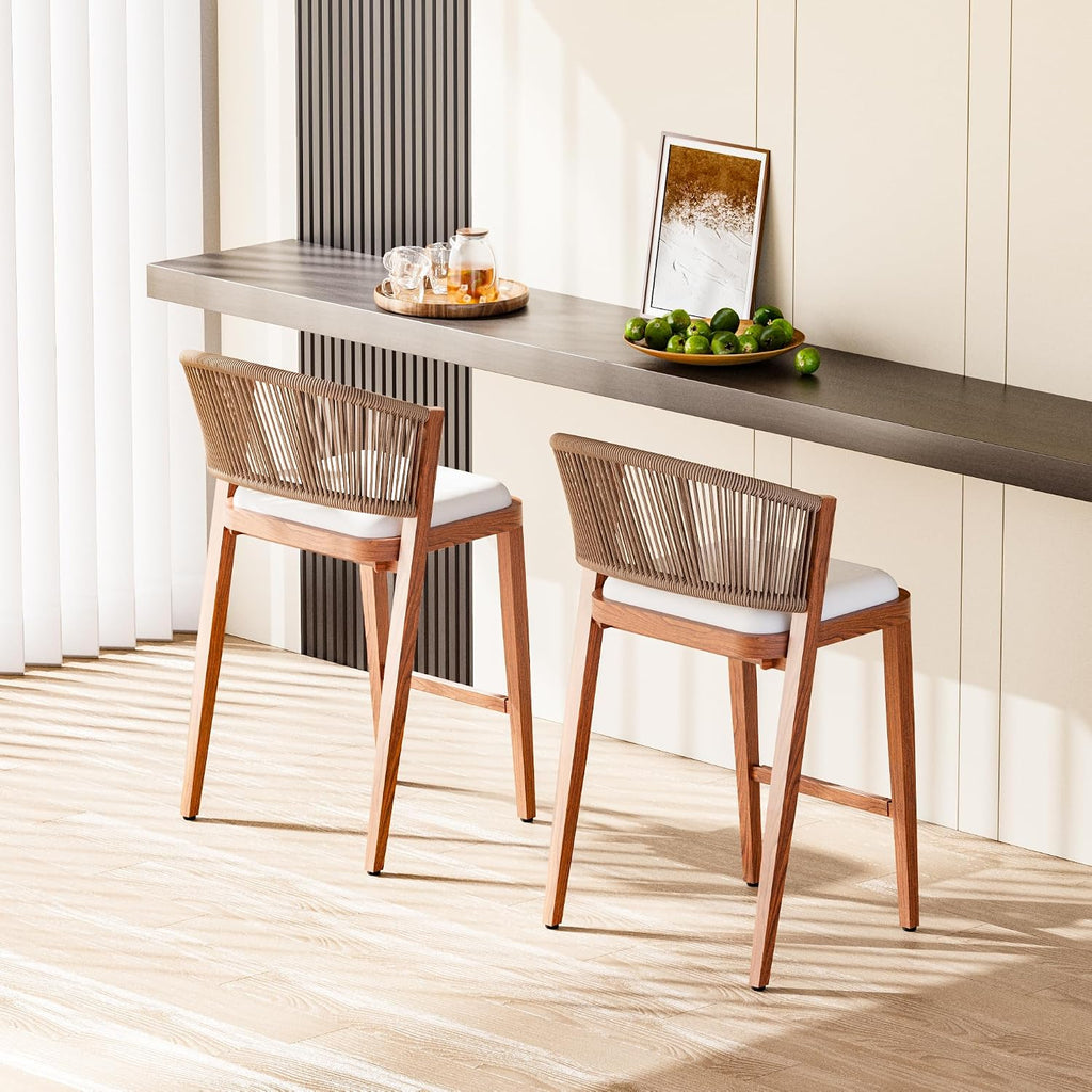 Modern Shade Chatham Outdoor Counter Height Bar Stool Set of 2 with Rope Woven Backrest, Wood Grain Aluminum Frame & Cushioned Seat, Modern Counter Height Bar Stool for Patio, Kitchen & Home Bar