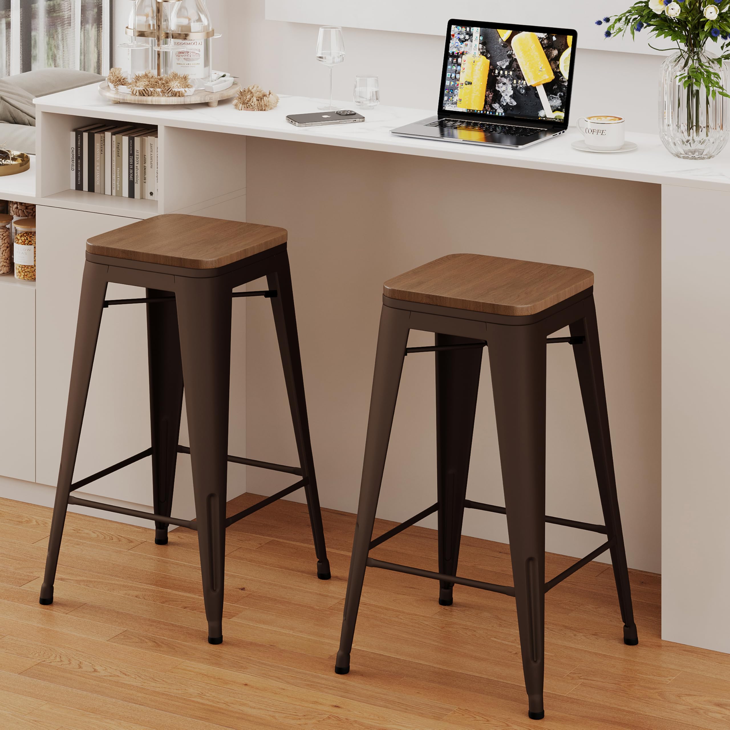 Alunaune 26" Metal Counter Height Bar Stools Set of 4 Backless Stackable Industrial Kitchen Patio Stool Bar Chairs with Wooden Seat-Rusty