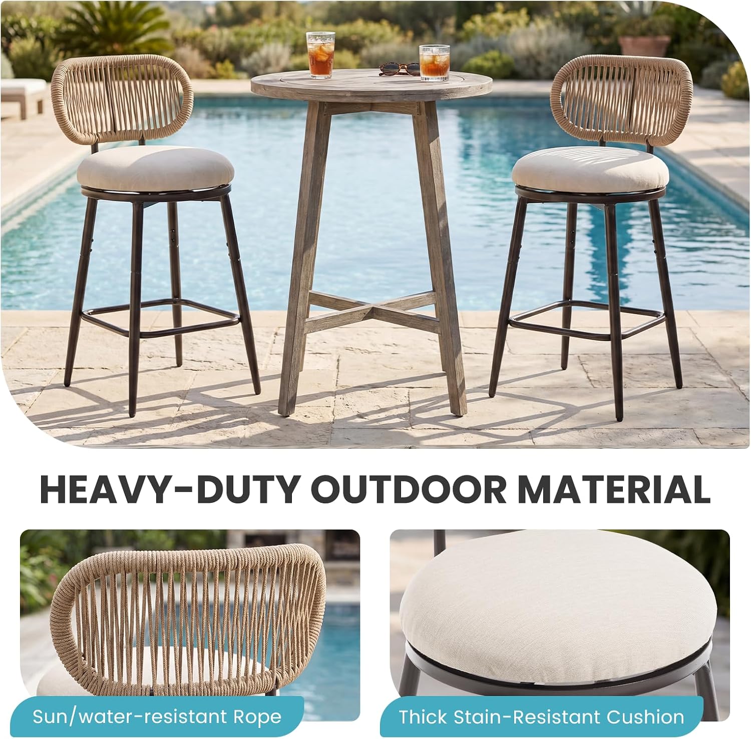 Outdoor Swivel Counter Bar Stools Set of 2, 360° Rope Counter Stools with Upholstered Seat, Metal Bar Chairs for Kitchen Island, Patio, Farmhouse, Boho, Beige