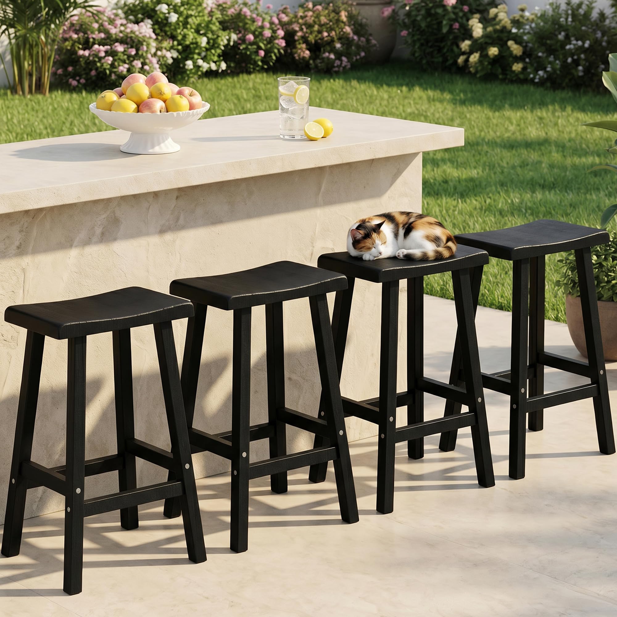 EFU Outdoor Bar Stools Set of 4,All-Weather Patio Stools & Bar Chairs, Heavy Duty Resin Saddle Stool with Protective Foot Pads,Waterproof 29 Inch Stool with Footrest for Deck,Balcony and Yard (Black)