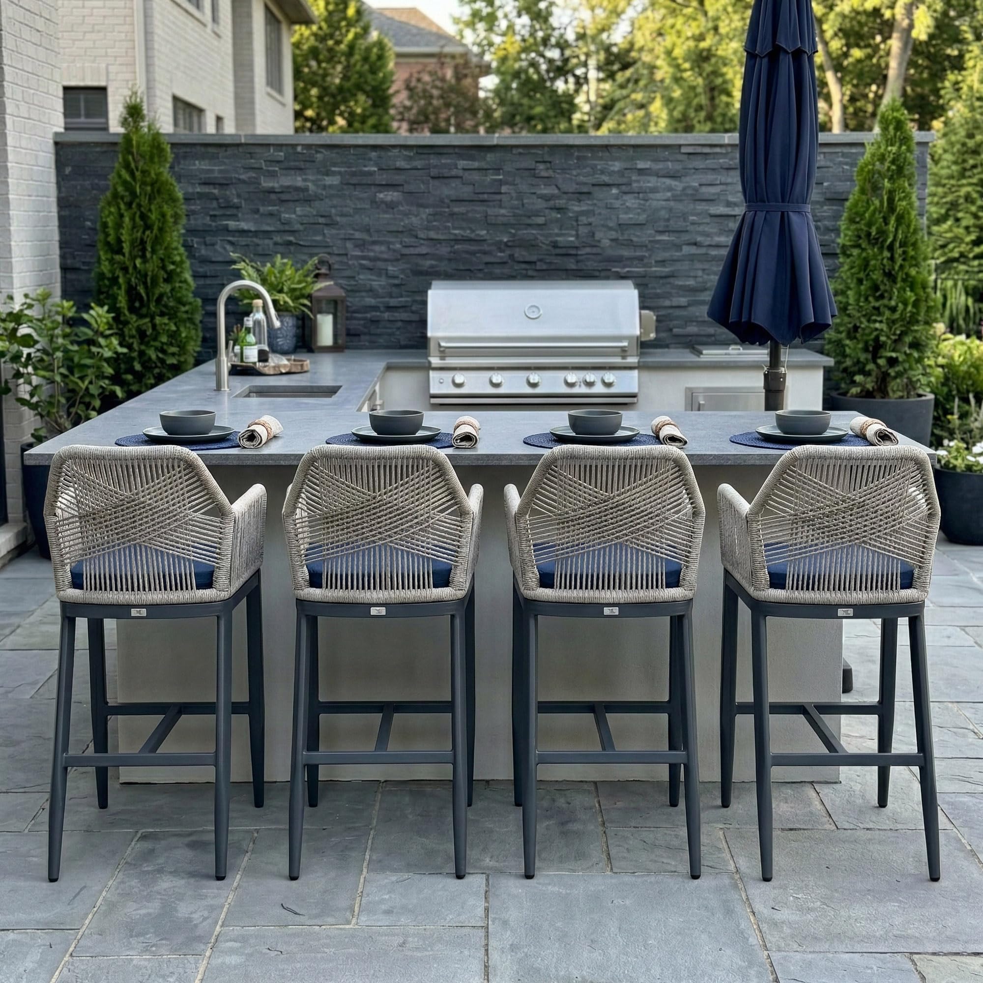 PURPLE LEAF Patio Sunbrella Counter Height Bar Stools 24" H Set of 2 Modern Rattan Bar Chairs Aluminum Stool Outdoor Wicker Barstools with Back and Cushion for Garden Kitchen Island