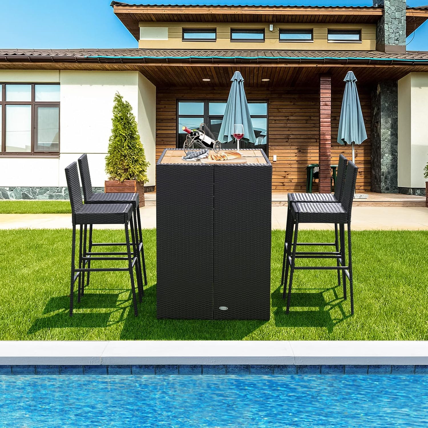 HAPPYGRILL 5 Pieces Outdoor Rattan Bar Set with 4 Cushioned Bar Stools, Height Table, Wicker Patio Bar Set Dining Set for Poolside Deck Backyard