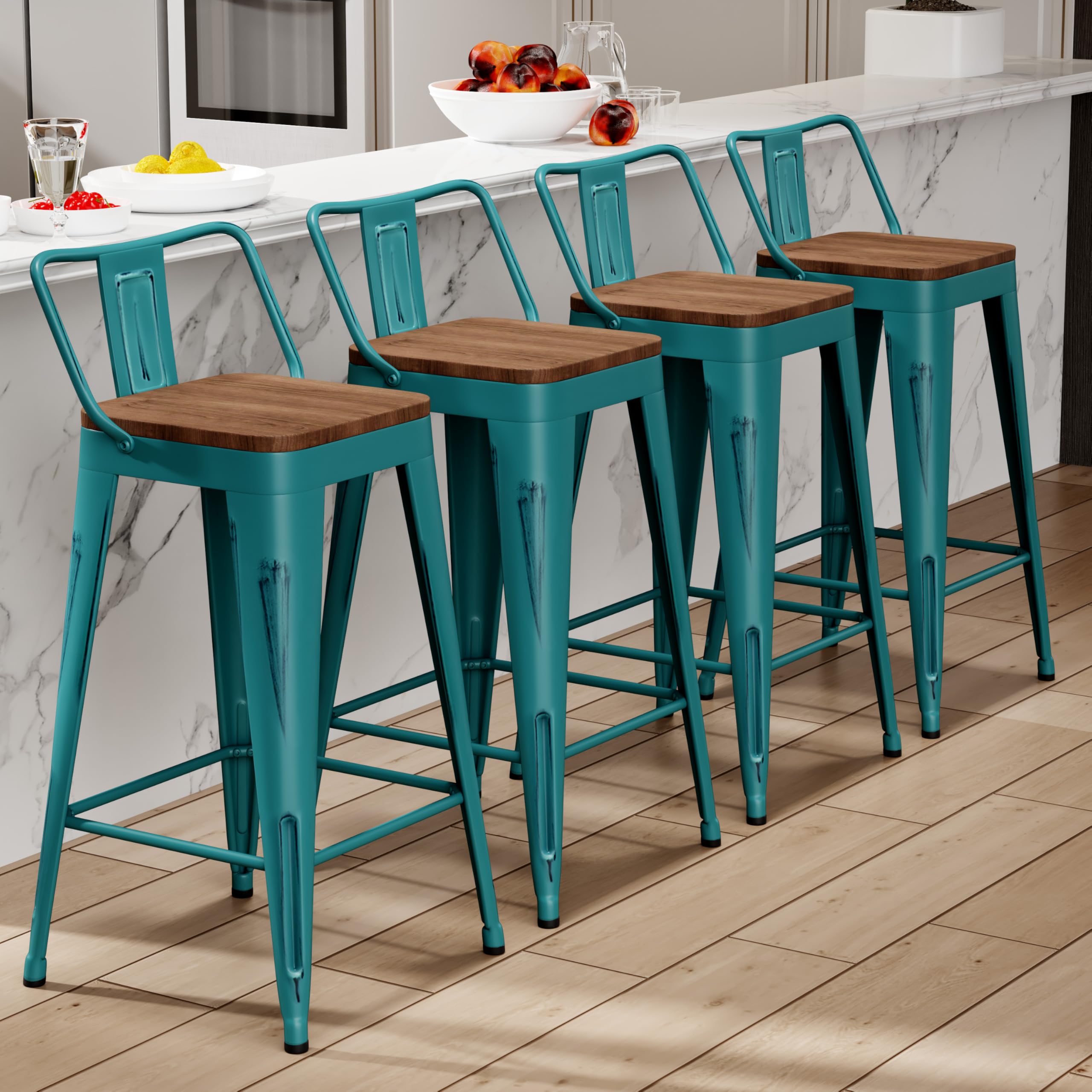 Alunaune 26" Metal Bar Stools Set of 4 Industrial Counter Height Barstools Kitchen Counter Stool Modern Wood Seat-Distressed Teal