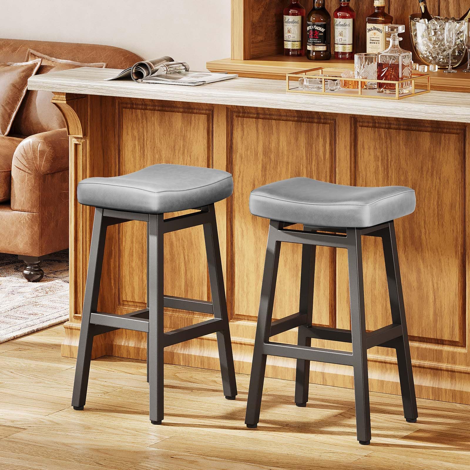 Raynesys Counter Height Bar Stools Set of 2, 24 Inch Barstools for Kitchen Counter, Kitchen Stools with Bonded Leather Saddle Seats & Heavy Duty Metal Legs, Easy Assembly, All Black