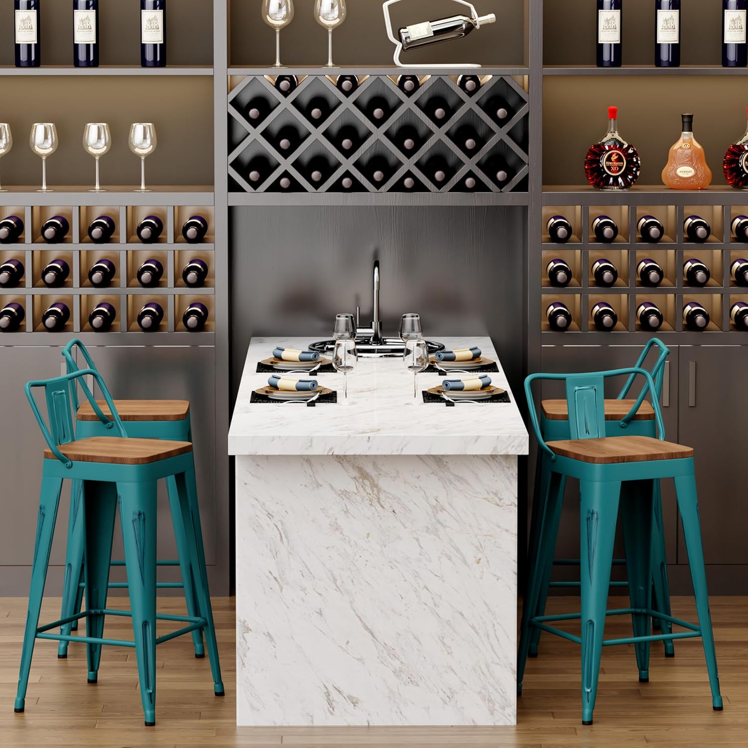 Alunaune 26" Metal Bar Stools Set of 4 Industrial Counter Height Barstools Kitchen Counter Stool Modern Wood Seat-Distressed Teal