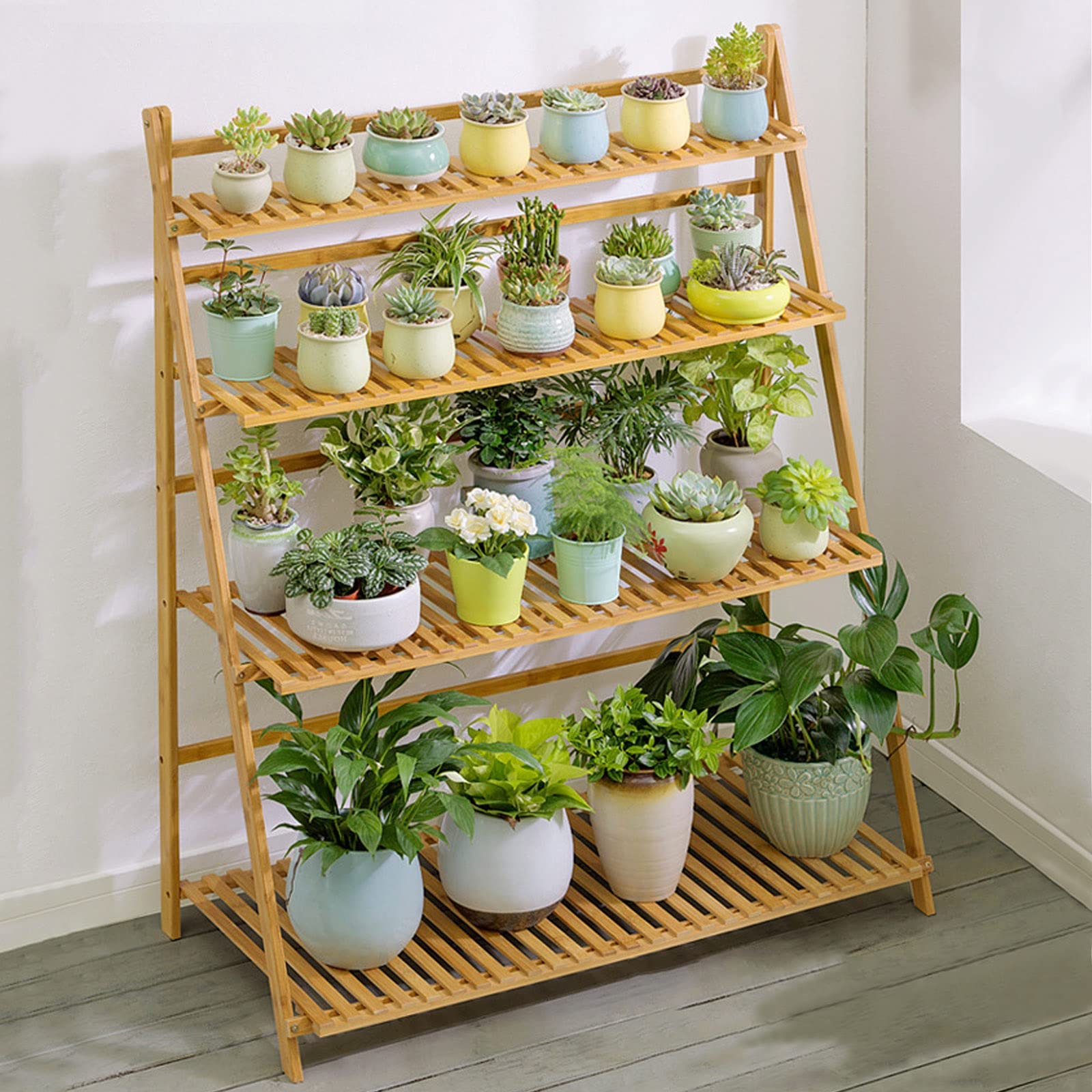 LIGUOYI 4-Tier Ladder Plant Stand, Multi Plant Pot Holder Bamboo Garden Shelves Storage Organizer Rack, 4 Colors Folding Flower Plant Stand Display Rack for Patio Garden Living Room
