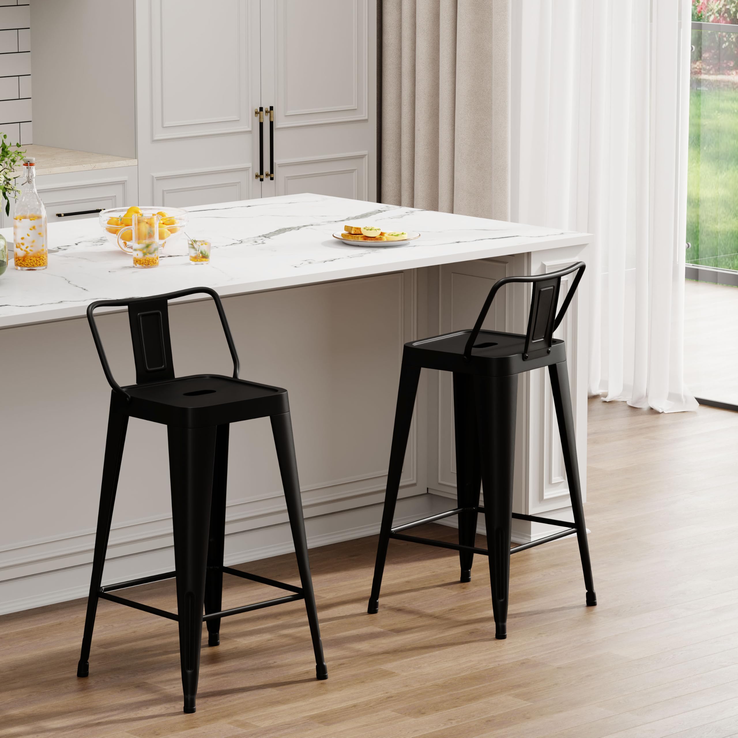 Metal Bar Stools Set of 4 Barstools Indoor/Outdoor Counter Height Bar Stools Bar Chairs with Back 24" Counter Height for Kitchen Island Dining Room (Black, 24inch)