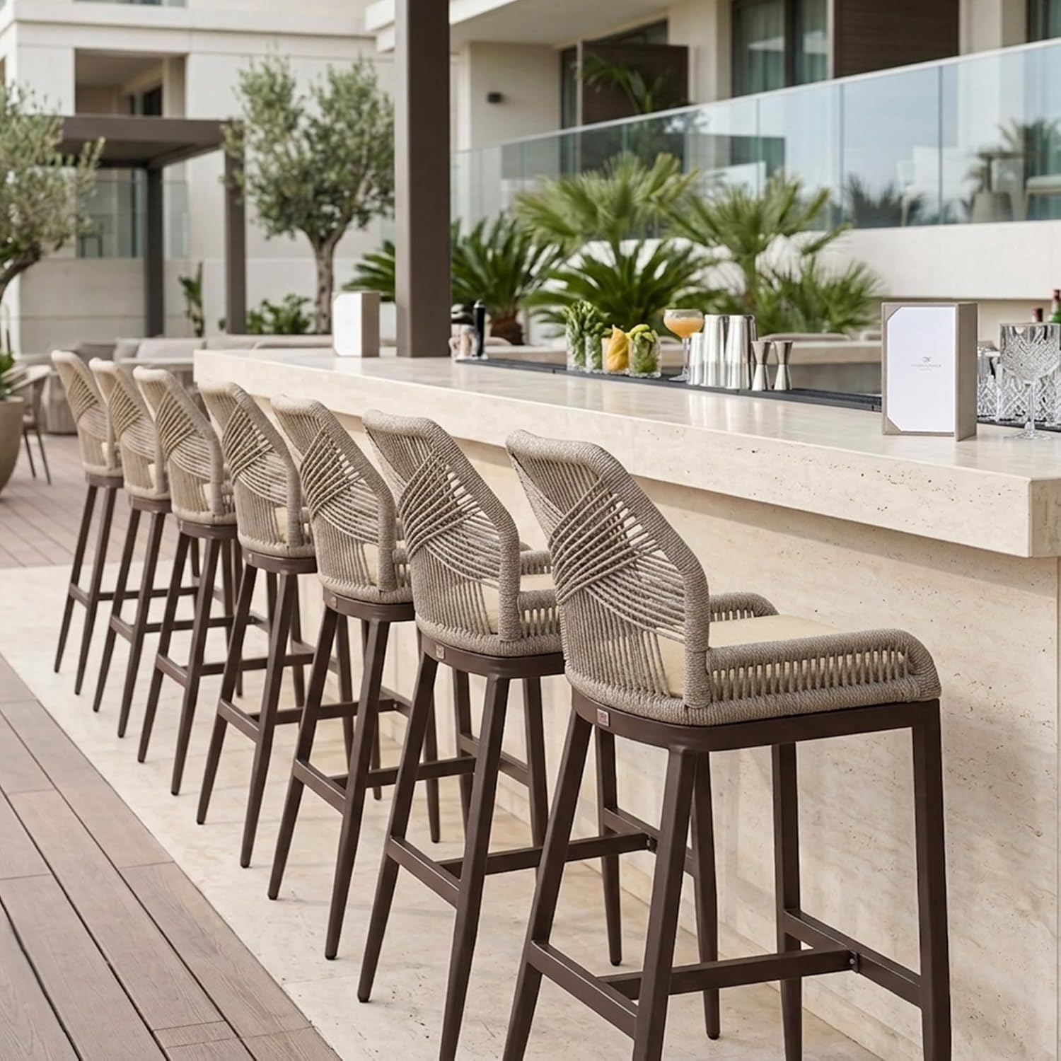 PURPLE LEAF Patio Counter Height Bar Stools 24" H Set of 2 Modern Rattan Bar Chairs Aluminum Stool Outdoor Wicker Barstools with Back and Cushion for Garden Kitchen Island