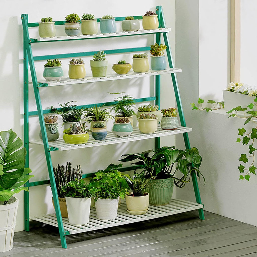 LIGUOYI 4-Tier Ladder Plant Stand, Multi Plant Pot Holder Bamboo Garden Shelves Storage Organizer Rack, 4 Colors Folding Flower Plant Stand Display Rack for Patio Garden Living Room