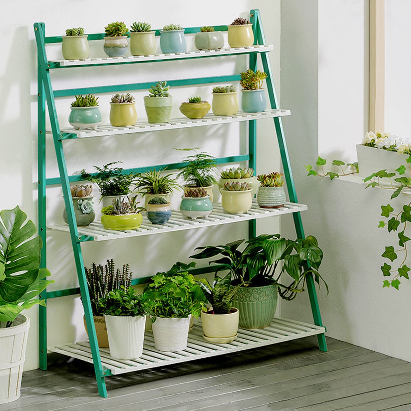 LIGUOYI 4-Tier Ladder Plant Stand, Multi Plant Pot Holder Bamboo Garden Shelves Storage Organizer Rack, 4 Colors Folding Flower Plant Stand Display Rack for Patio Garden Living Room