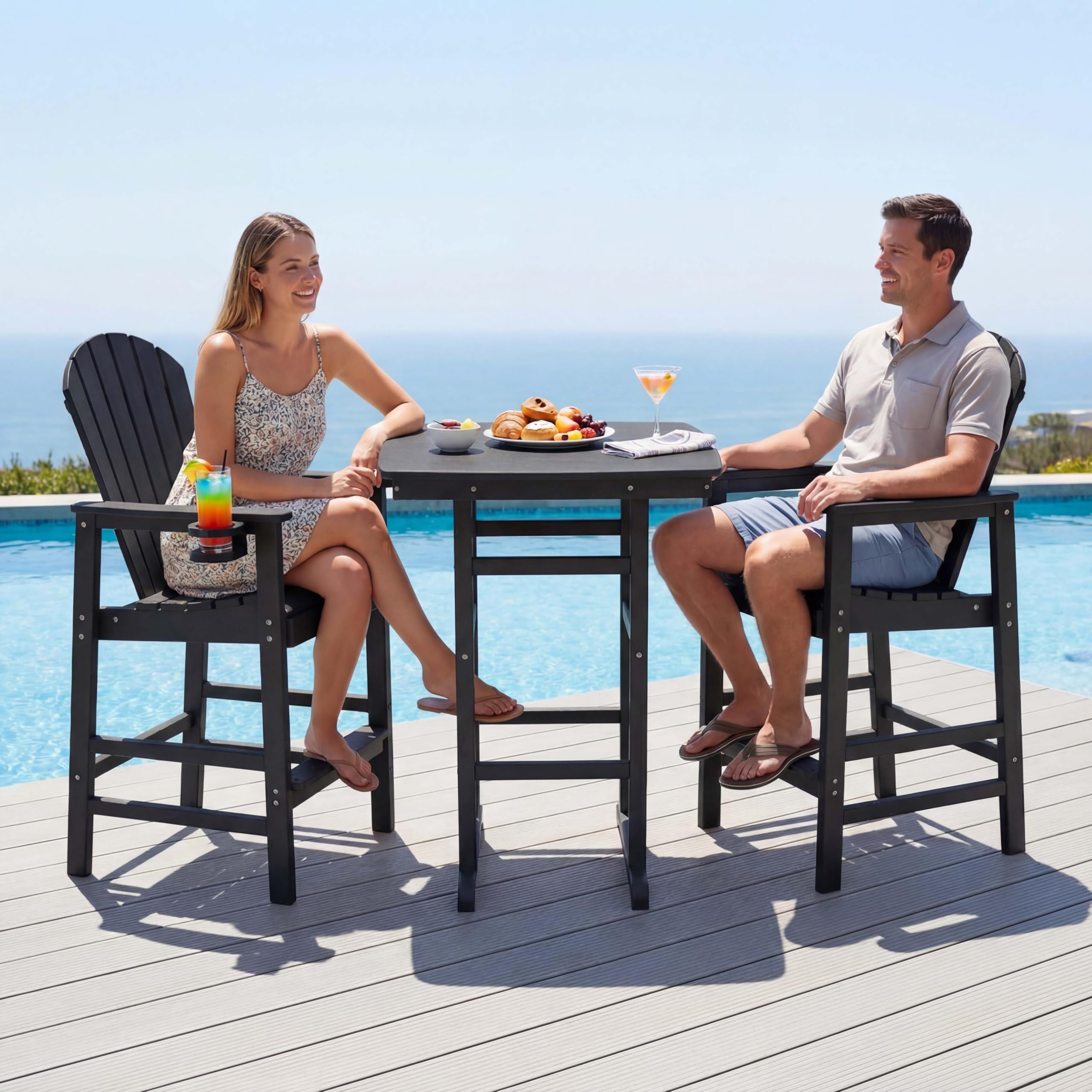 WILLIAMSPACE Patio Bar Table Set of 5, Outdoor Wicker Height Bar Table & 4 Chairs with Cushions & Wood Tabletop, Bistro Set for Backyards Porches (Brown+Grey)