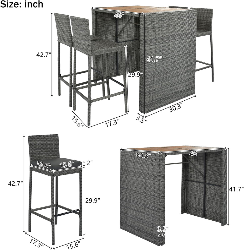 5-Piece Brown Acacia Gray Wicker Patio Bar Set with Removable Cushioned Stools