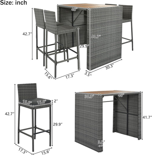 5-Piece Brown Acacia Gray Wicker Patio Bar Set with Removable Cushioned Stools