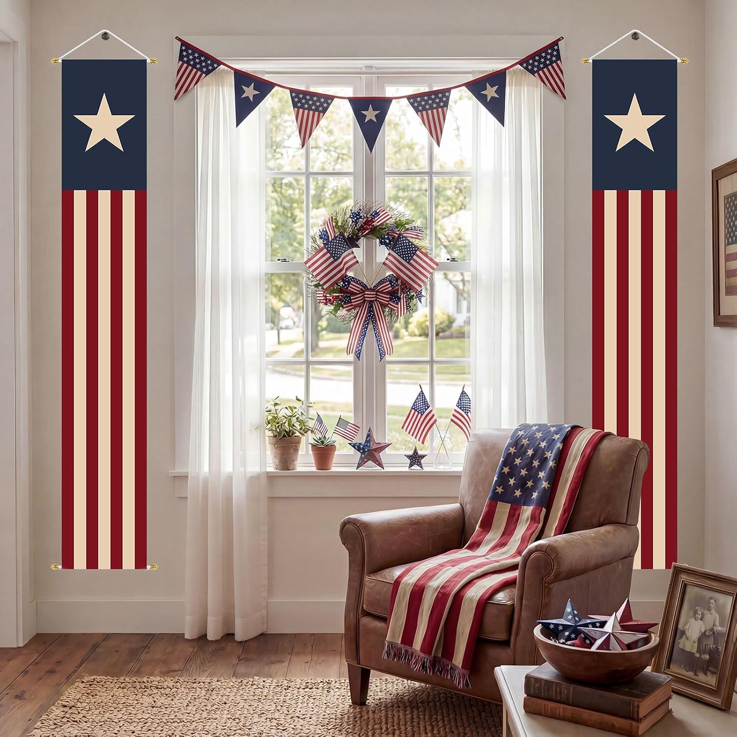 4th of July decorations: 2pcs Vintage American Flag Stars & Stripes Hanging Banners for Front Door, Patriotic Fourth of July Decorations for 250th Memorial Day Independence Indoor Outdoor Party Decor