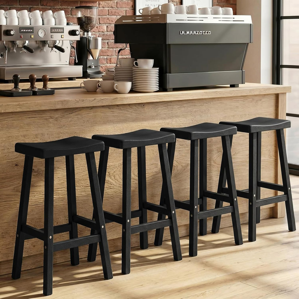 EFU Outdoor Bar Stools Set of 4,All-Weather Patio Stools & Bar Chairs, Heavy Duty Resin Saddle Stool with Protective Foot Pads,Waterproof 29 Inch Stool with Footrest for Deck,Balcony and Yard (Black)