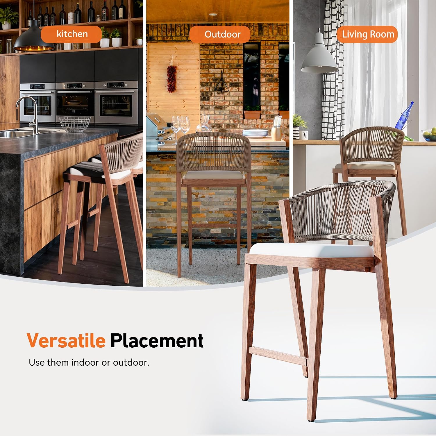 Modern Shade Chatham Outdoor Counter Height Bar Stool Set of 2 with Rope Woven Backrest, Wood Grain Aluminum Frame & Cushioned Seat, Modern Counter Height Bar Stool for Patio, Kitchen & Home Bar