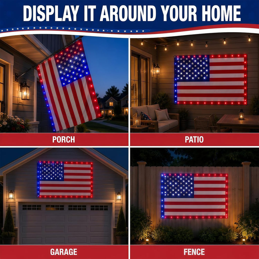 Lighted American Flag 3x5 FT, American Flag with Red White Blue LED Lights, Light Up Stars and Stripes Flag for Porch Wall Yard Patio, Patriotic Outdoor Decor for July 4th Memorial Day Veterans Day (Flag)