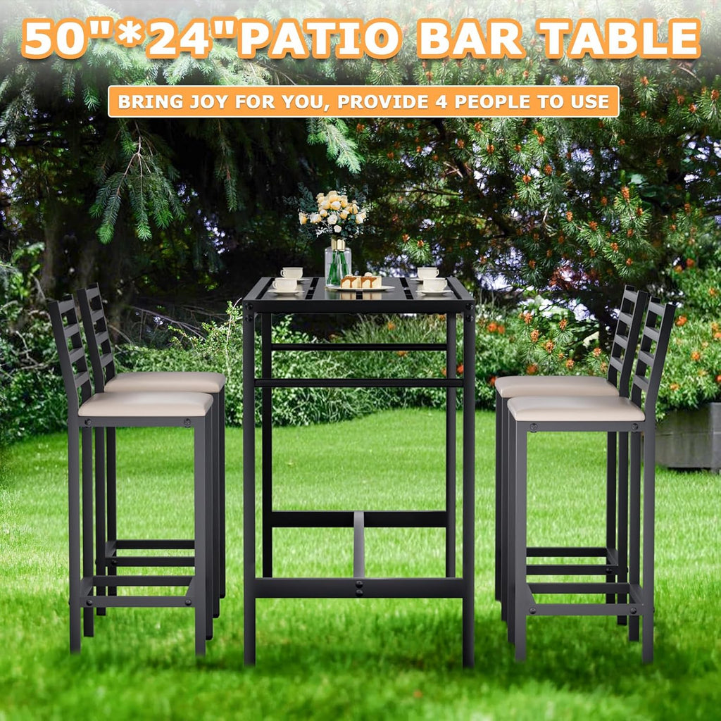 5 Piece Outdoor Bar Table & Chairs Set, 50" Rectangular Height Dining Table Set with 4 Bar Chairs Soft Seat with Backrest, High Metal Breakfast Table, High Top Table & Chairs for Kitchen, Restaurant