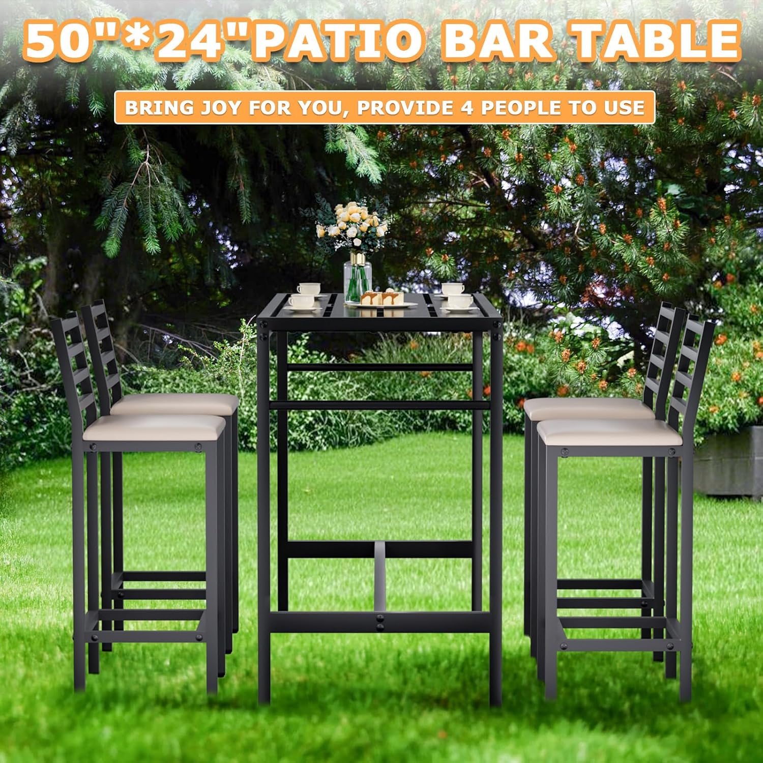 5 Piece Outdoor Bar Table & Chairs Set, 50" Rectangular Height Dining Table Set with 4 Bar Chairs Soft Seat with Backrest, High Metal Breakfast Table, High Top Table & Chairs for Kitchen, Restaurant