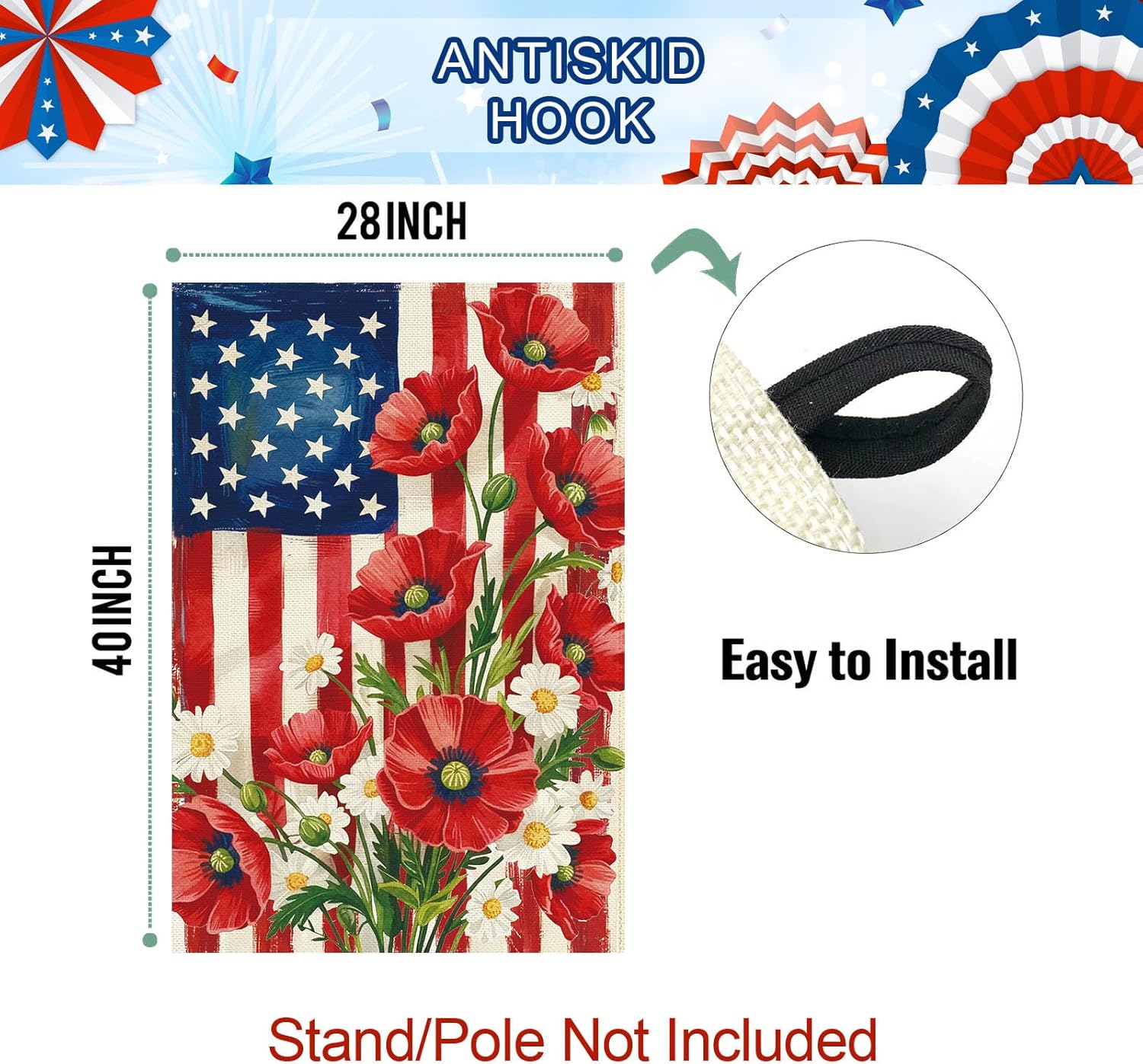 Baccessor 4th of July American House Flag 28x40 Inch Double Sided Burlap,Patriotic Memorial Day the Stars and Stripes Floral Flowers Summer Porch Holiday Seasonal Outdoor Outside Decoration