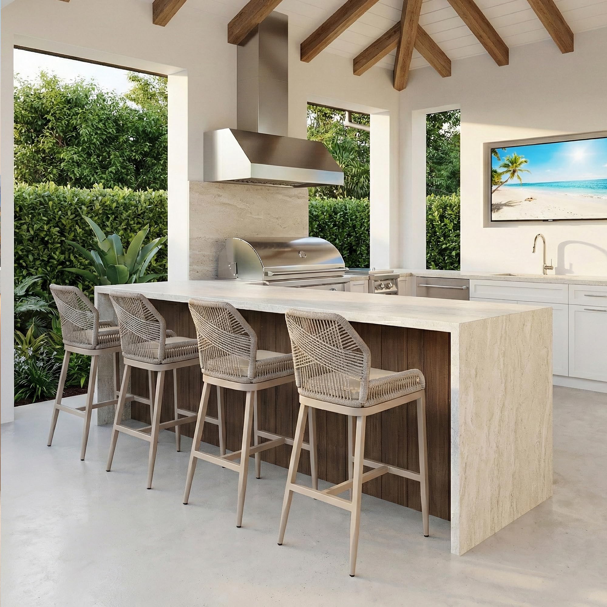 PURPLE LEAF Patio Sunbrella Counter Height Bar Stools 24" H Set of 2 Modern Rattan Bar Chairs Aluminum Stool Outdoor Wicker Barstools with Back and Cushion for Garden Kitchen Island