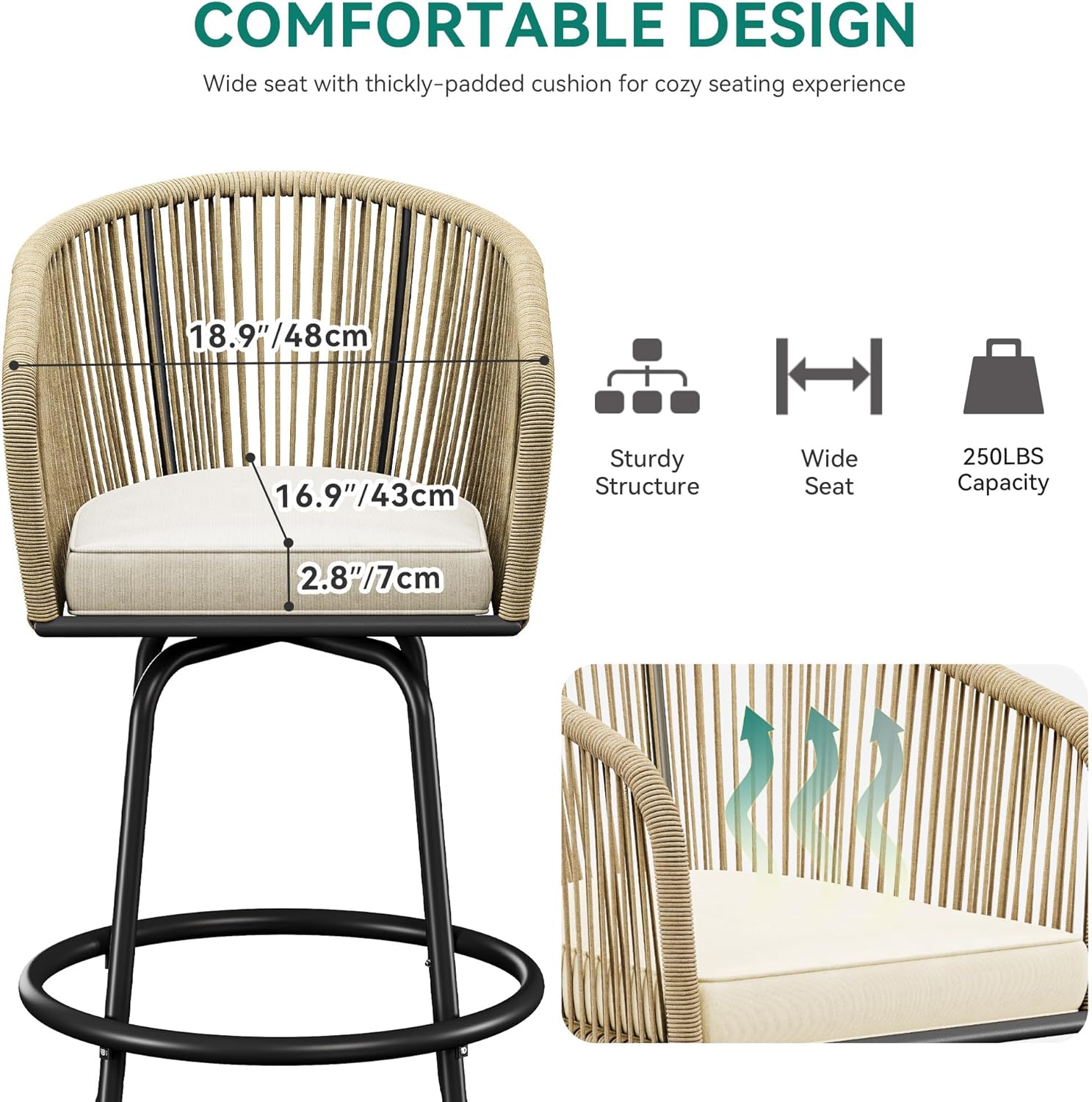 YITAHOME Counter Height Bar Stools Set of 2, Outdoor Bar Stools with Soft Cushions, Patio Rattan Swivel Bar Chairs for Backyard Poolside, Garden w /360 Rotation (Beige)