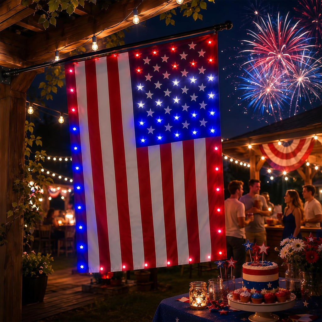 Lighted American Flag 3x5 FT, American Flag with Red White Blue LED Lights, Light Up Stars and Stripes Flag for Porch Wall Yard Patio, Patriotic Outdoor Decor for July 4th Memorial Day Veterans Day (Flag)