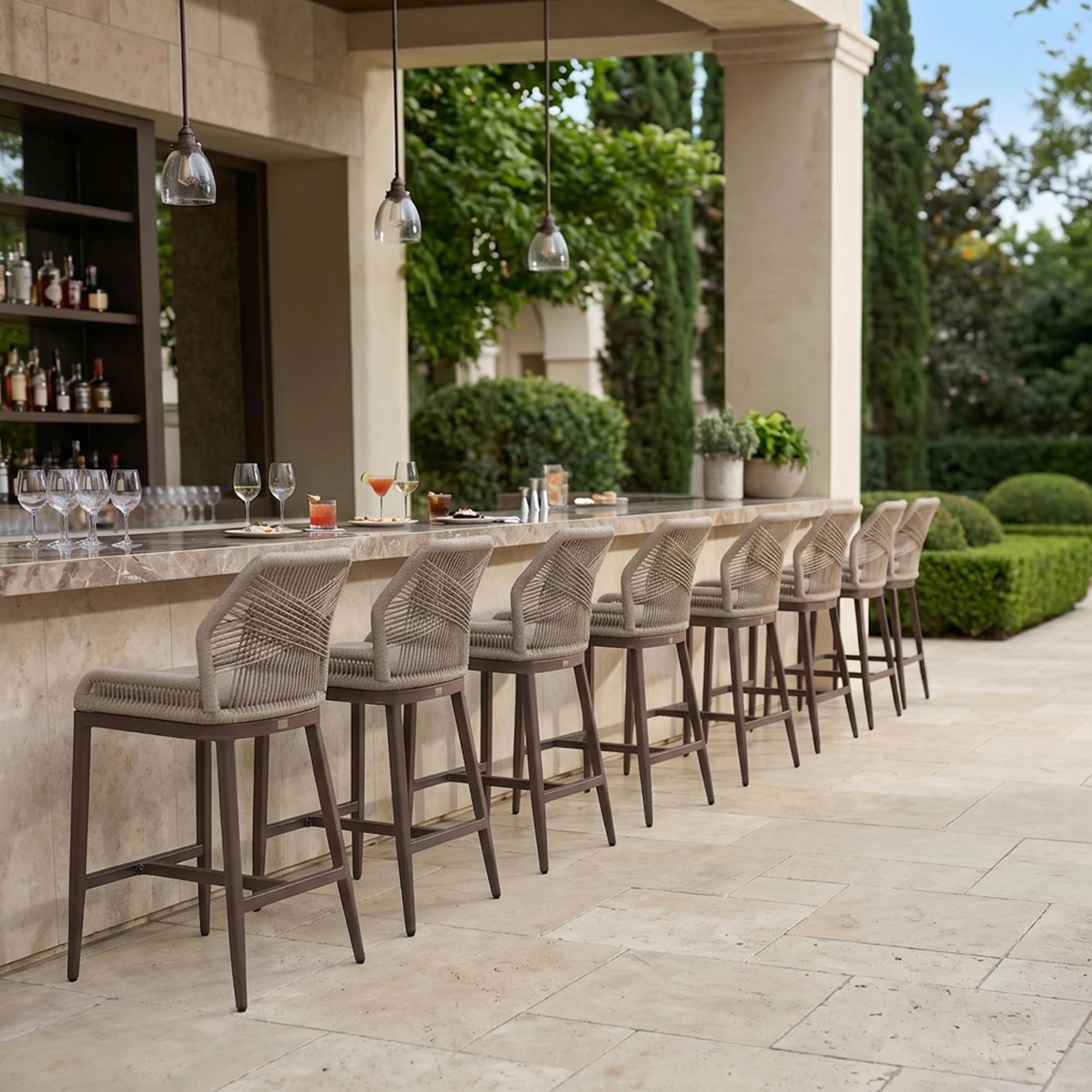 PURPLE LEAF Patio Sunbrella Counter Height Bar Stools 24" H Set of 2 Modern Rattan Bar Chairs Aluminum Stool Outdoor Wicker Barstools with Back and Cushion for Garden Kitchen Island