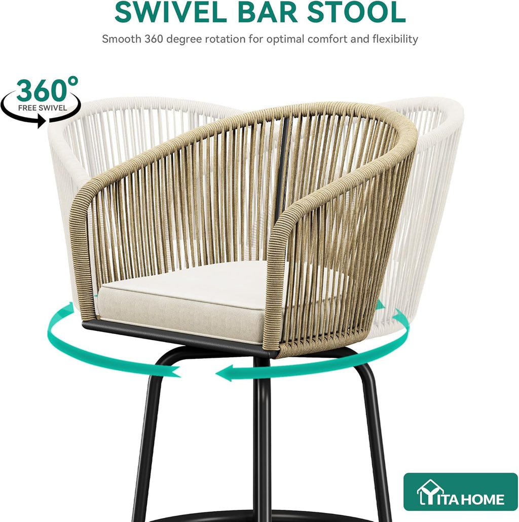 YITAHOME 27" Bar Stools Set of 2 with Arms & Cushions, 360° Swivel Outdoor Bar Stools, All Weather Counter Height Bar Stools Set of 2 with Curved Back for Backyard, Kitchen Island, Dining Room, Beige