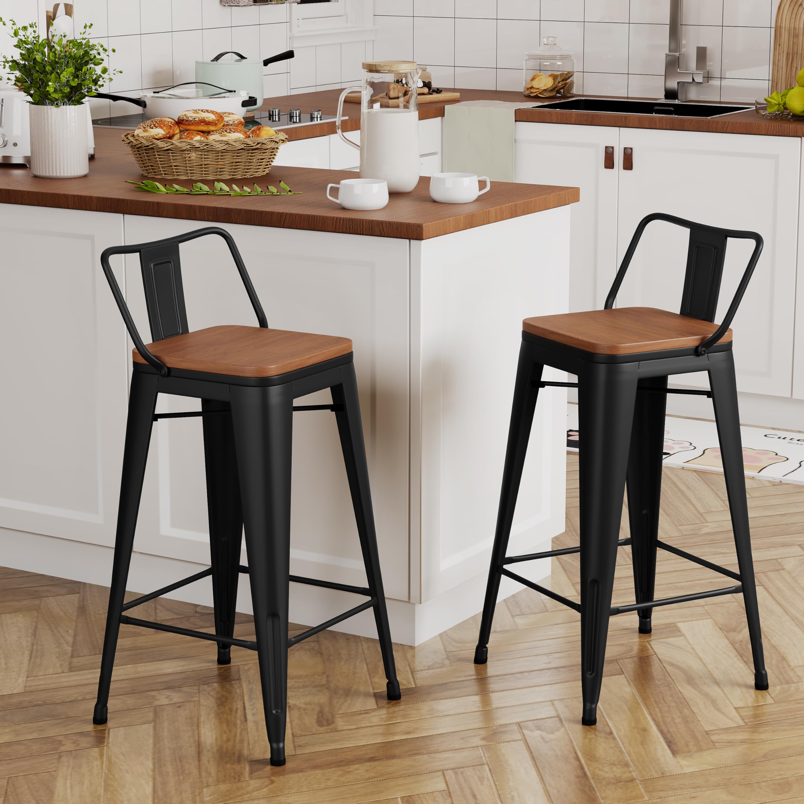 Yongchuang 24" Metal Barstools Set of 4 Counter Bar Stools with Wood Top Low Back Matte Black
