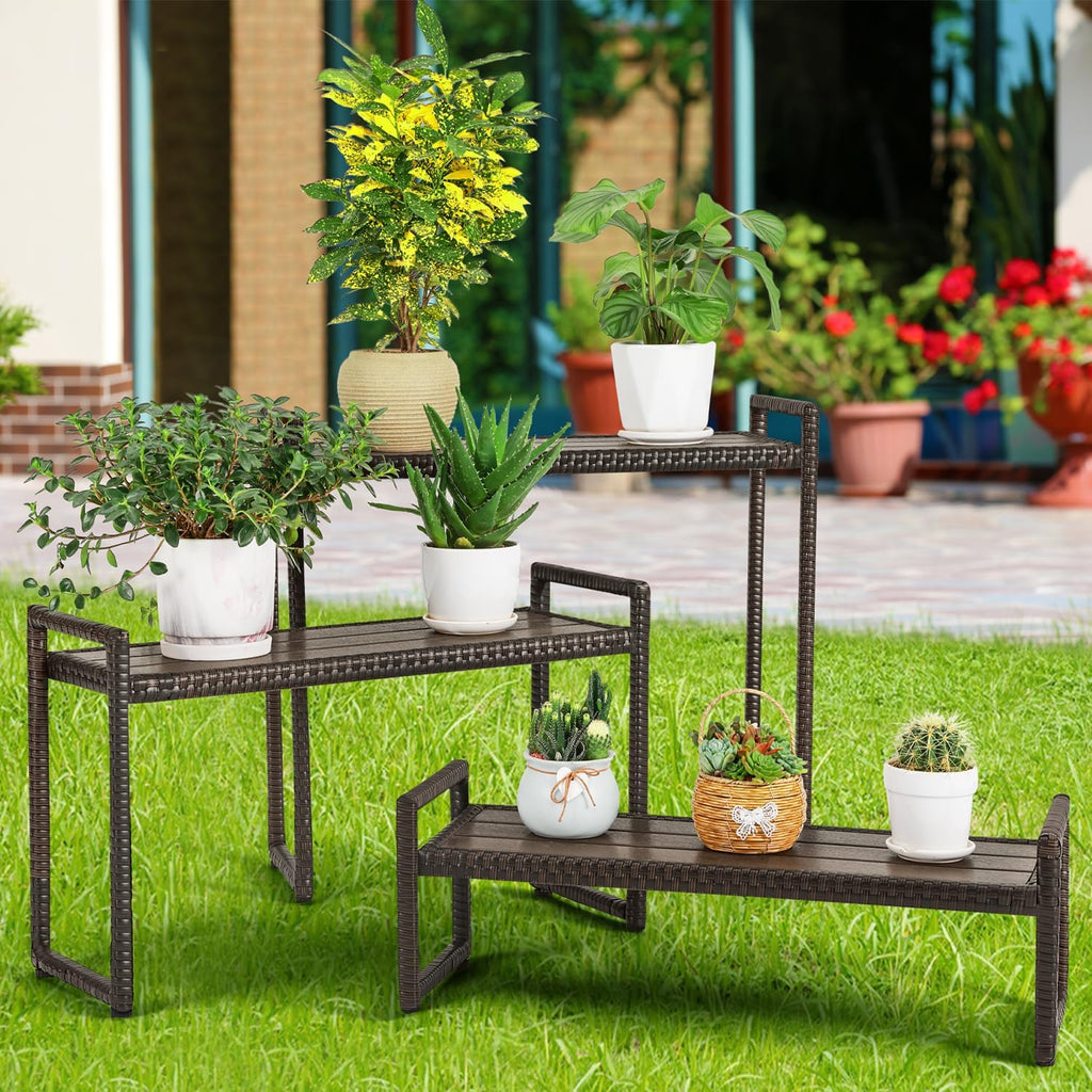 Outdoor Plant Stand 3 Tier Shelf for Patio Flower Pot Planter Stand Holder with Wicker Poly Lumber Shelves Multiple Tall Tiered Plant Display Rack with Adjustable Feet Heavy Duty Stackable Brown