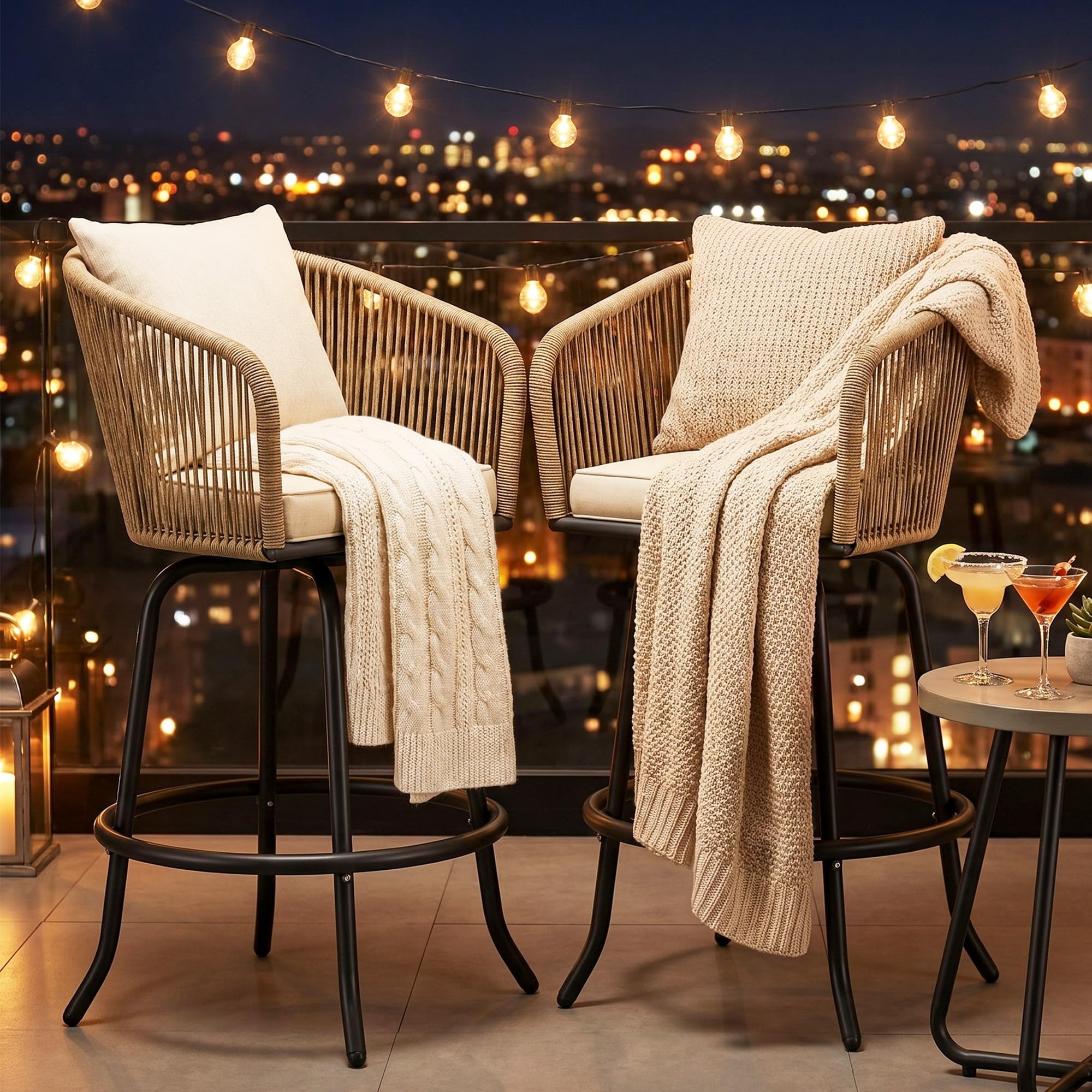 YITAHOME 27" Bar Stools Set of 2 with Arms & Cushions, 360° Swivel Outdoor Bar Stools, All Weather Counter Height Bar Stools Set of 2 with Curved Back for Backyard, Kitchen Island, Dining Room, Beige