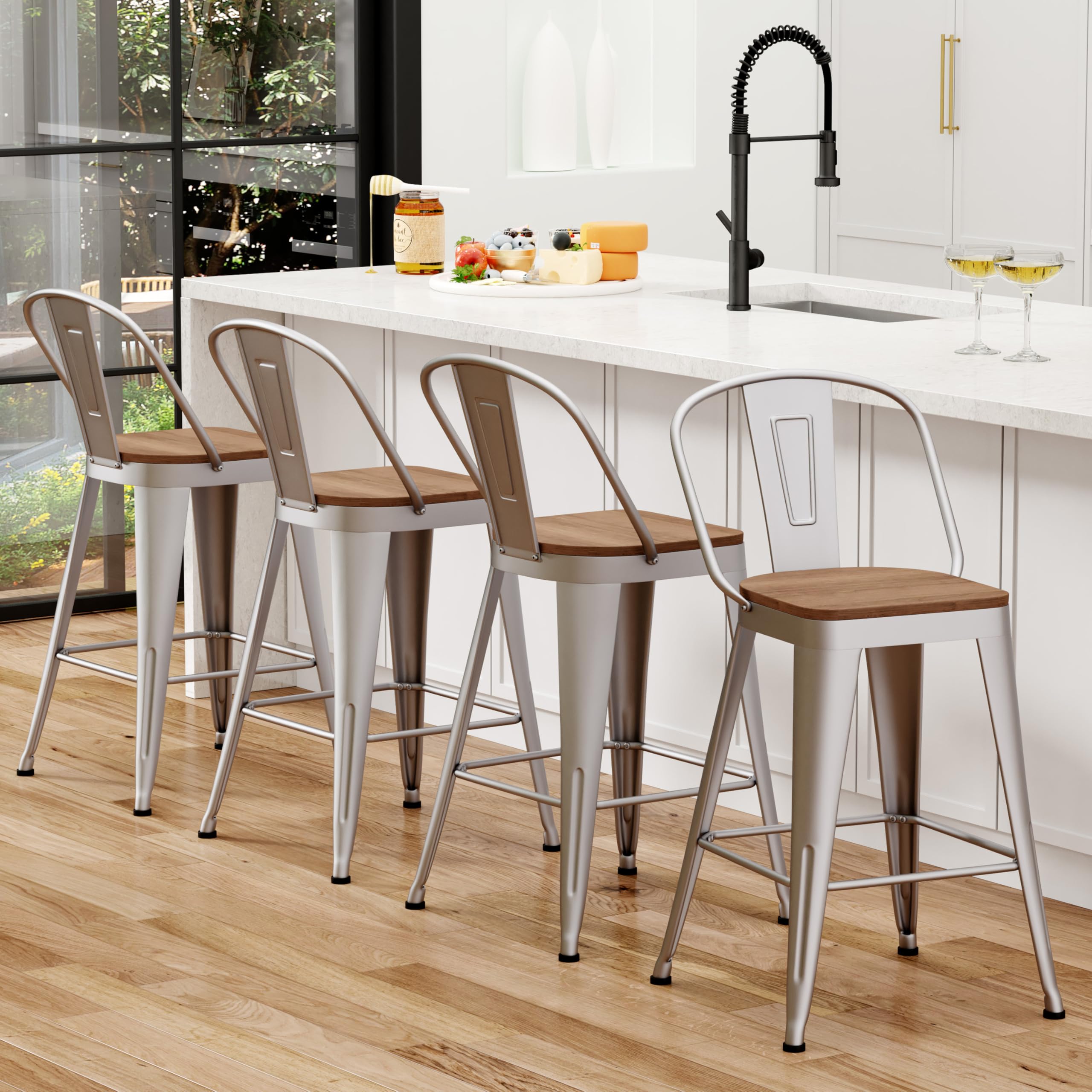 26 inch Bar Stools Set of 4, Black Metal High Back Counter Height Barstools with Large Wooden Seat Modern Farmhouse Kitchen Bar Chairs