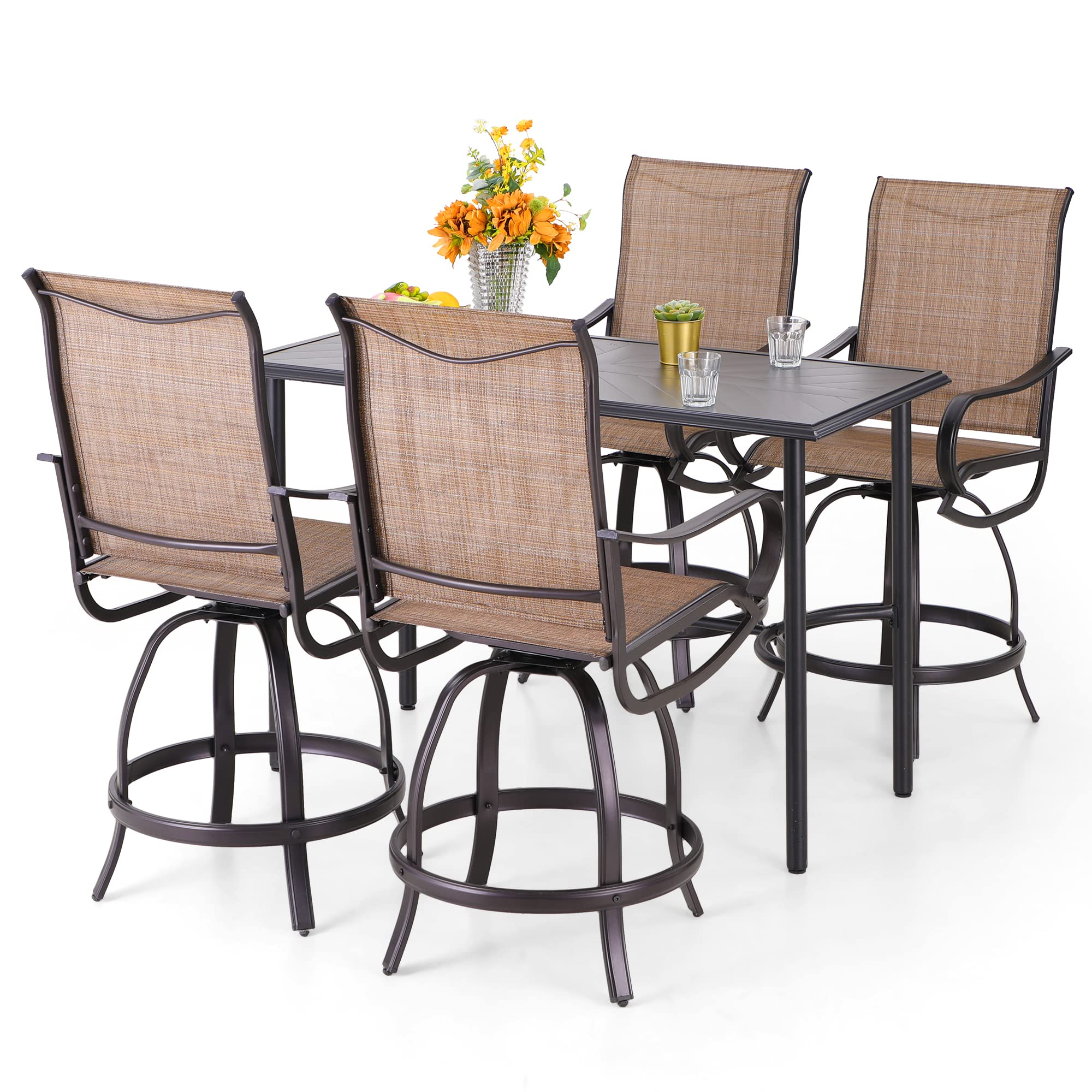 PHI VILLA 7 Piece Outdoor Bar Set, Counter Height Patio Bar Furniture Rectangle Dining Table and 6 Swivel Bar Stools Chairs with Brown Textilene Fabric for Garden,Yard and Deck