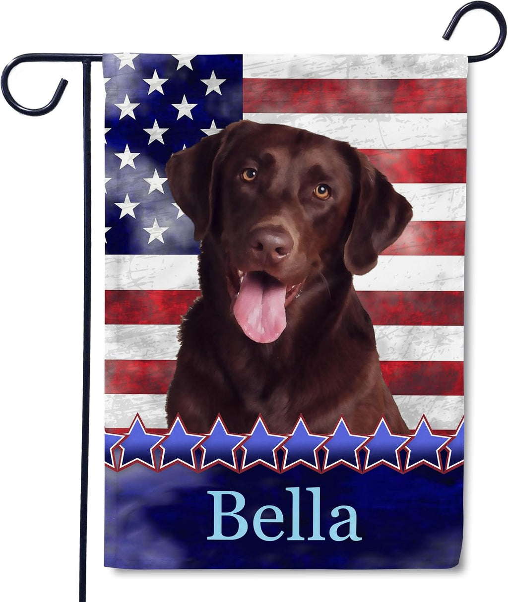 Flagology, Personalized Chocolate Labrador Retriever Patriotic Garden Flag 12" x 18", Custom Dog Name American Flag, Fourth of July Outdoor Lawn Décor, Stars and Stripes