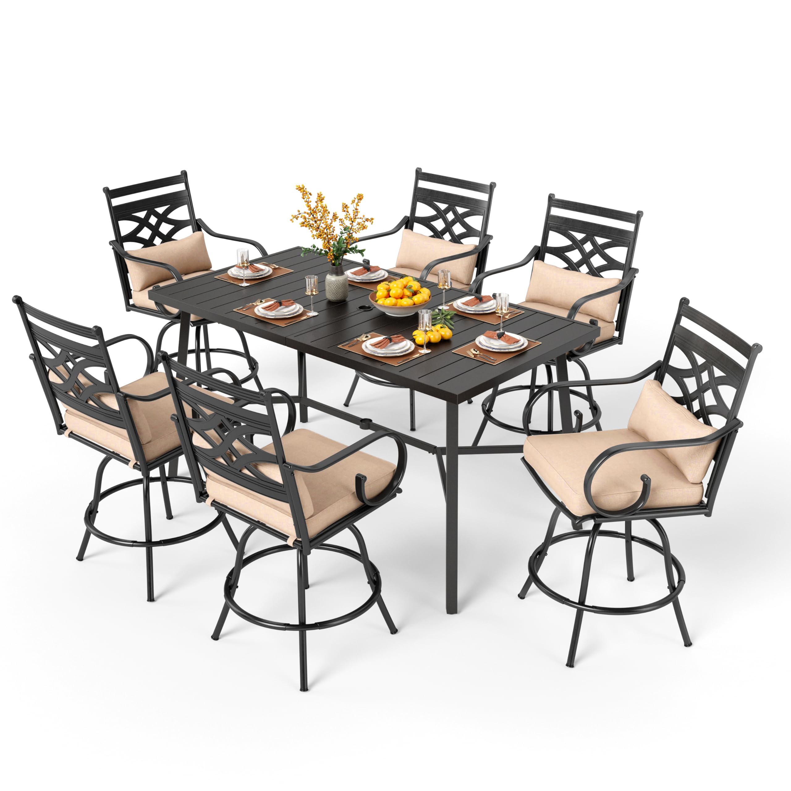 PHI VILLA 7 Piece Outdoor Bar Set, Counter Height Patio Bar Furniture Rectangle Dining Table and 6 Swivel Bar Stools Chairs with Brown Textilene Fabric for Garden,Yard and Deck