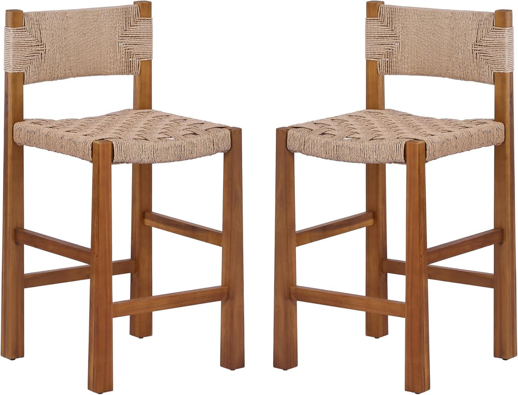 Christopher Knight Home 2-Pack Outdoor Counter Height Bar Stools with Backrest, Acacia Wood Frame Woven Wicker, 28" Patio Bar Chairs with Teak Finish for Deck Balcony Outdoor Bar Table, Light Brown