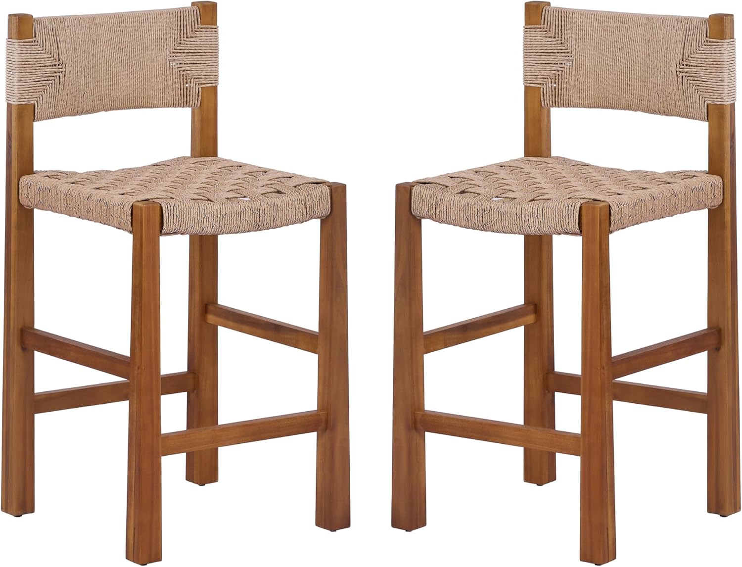 Christopher Knight Home 2-Pack Outdoor Counter Height Bar Stools with Backrest, Acacia Wood Frame Woven Wicker, 28" Patio Bar Chairs with Teak Finish for Deck Balcony Outdoor Bar Table, Light Brown