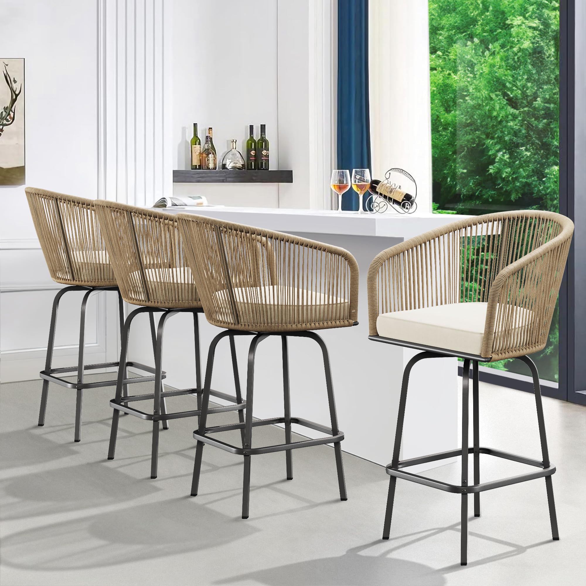 YITAHOME Counter Height Bar Stools Set of 2, Outdoor Bar Stools with Soft Cushions, Patio Rattan Swivel Bar Chairs for Backyard Poolside, Garden w /360 Rotation (Beige)