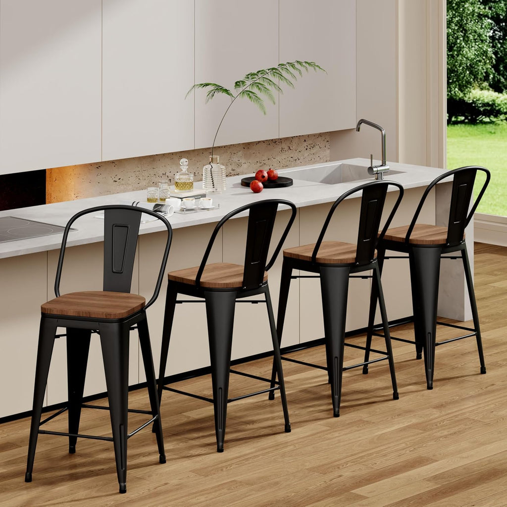 Aklaus Metal Bar Stools Set of 4,24 inch Barstools Counter Height BarStools with Backs Farmhouse Bar Stools with Larger seat High Back Kitchen Dining Chairs Modern Bar Chairs Matte Black Stool