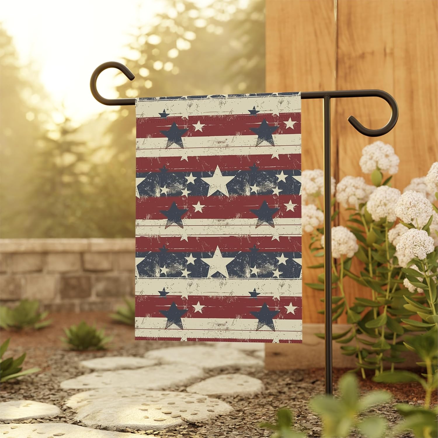 Vintage Inspired Patriotic Garden Flag, Stars & Stripes Yard Decor for 4th of July, Memorial Day, Outdoor Americana Display