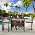 ECOTOUGE 5PCS Patio Bar Set with Wicker Bar Chairs & Outdoor Bar Table(2 Steel Shelves & Wine Rack), Rattan Bar Height Patio Set with Removable Cushion for Lawn, Porches,Balcony (Brown)
