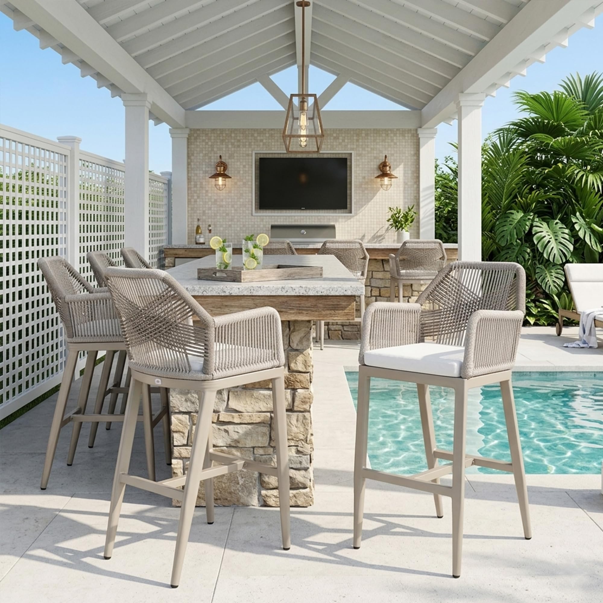 PURPLE LEAF Patio Sunbrella Counter Height Bar Stools 24" H Set of 2 Modern Rattan Bar Chairs Aluminum Stool Outdoor Wicker Barstools with Back and Cushion for Garden Kitchen Island