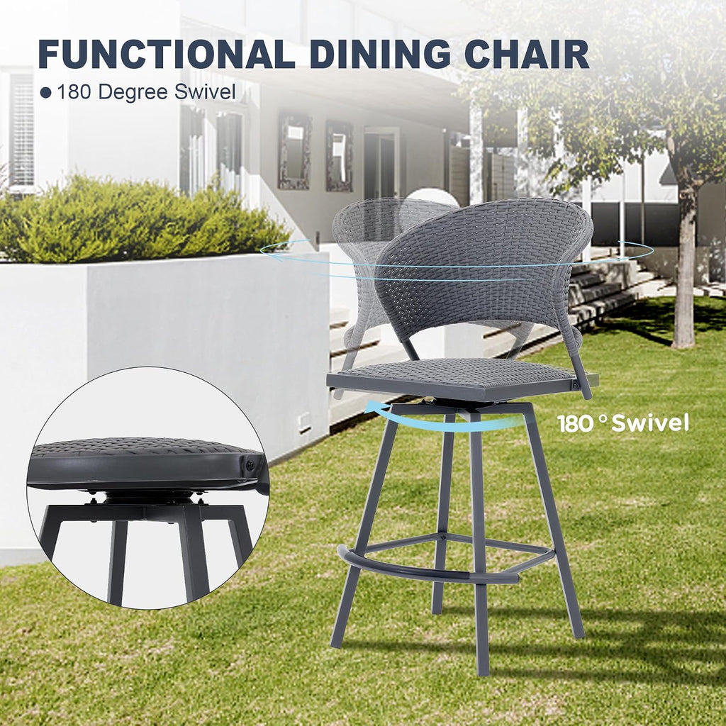 VICLLAX Patio 5 Pieces Outdoor Long Bar Set, Dining Pub Set with 41" Rectangle Bar Height Table and 2 Swivel Rattan Chairs for Lawn, Garden, Poolside, Grey