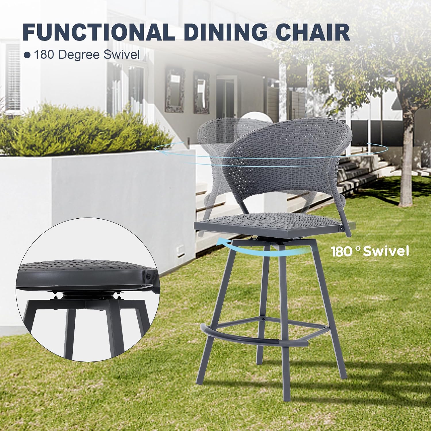 VICLLAX Patio 5 Pieces Outdoor Long Bar Set, Dining Pub Set with 41" Rectangle Bar Height Table and 2 Swivel Rattan Chairs for Lawn, Garden, Poolside, Grey