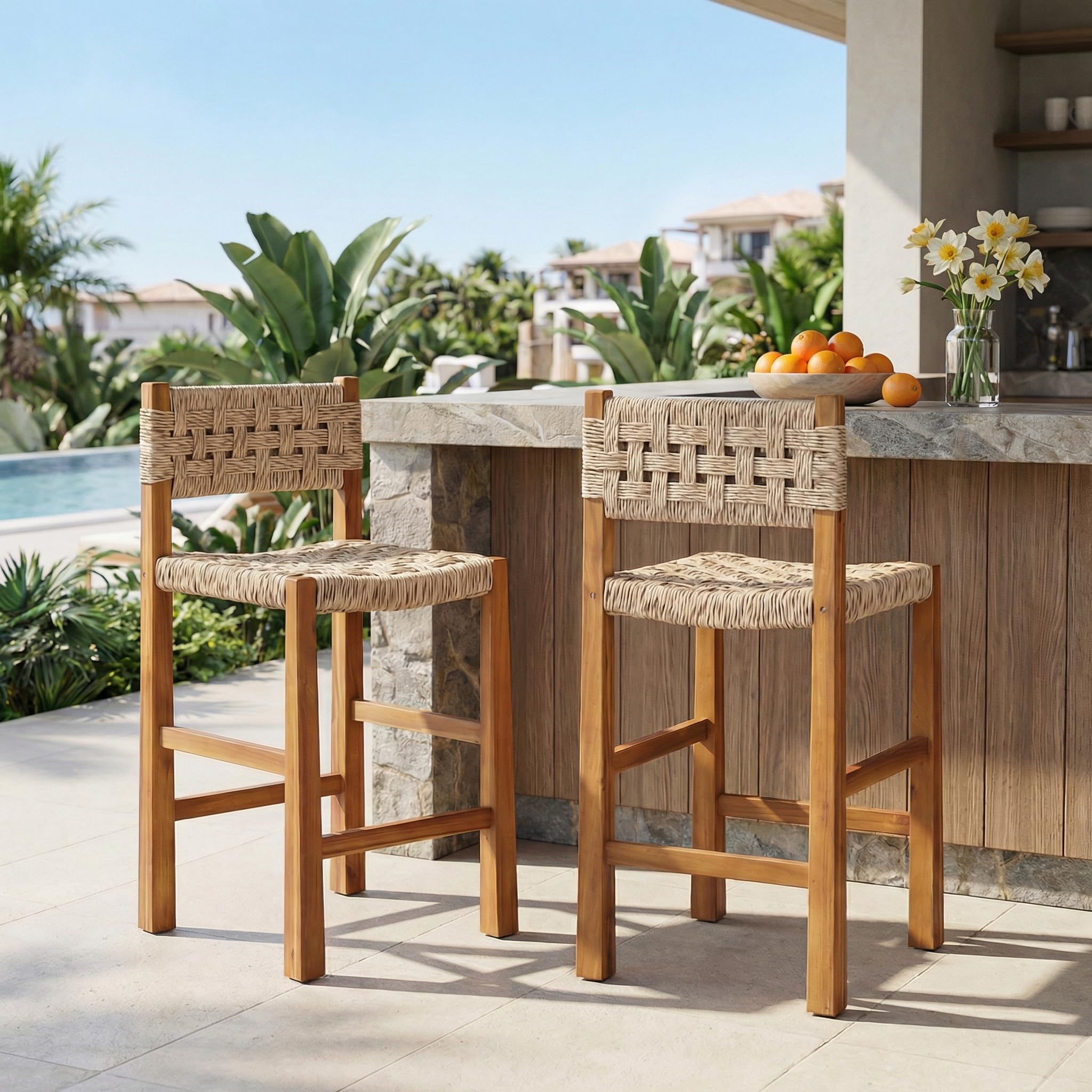 Christopher Knight Home 2-Pack Outdoor Counter Height Bar Stools with Backrest, Acacia Wood Frame Woven Wicker, 28" Patio Bar Chairs with Teak Finish for Deck Balcony Outdoor Bar Table, Light Brown